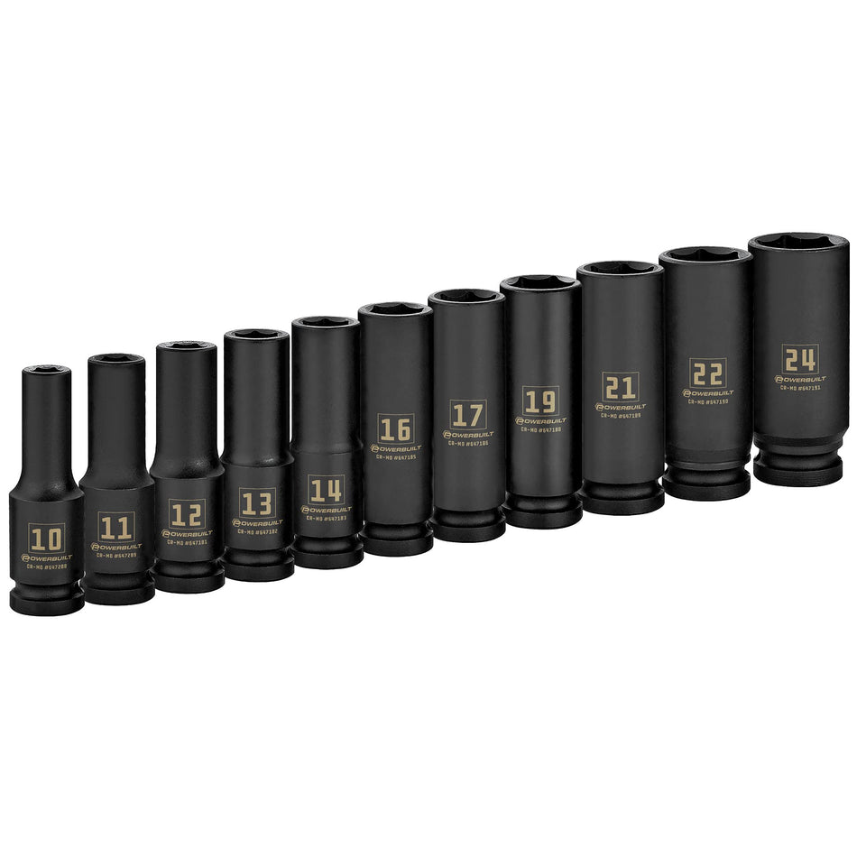 Powerbuilt Metric Deep Impact Socket Set, 1/2 Inch Drive, 6 Point, 11 Pieces, Size Markings, Z-Drive Sockets Grip - Black 647048