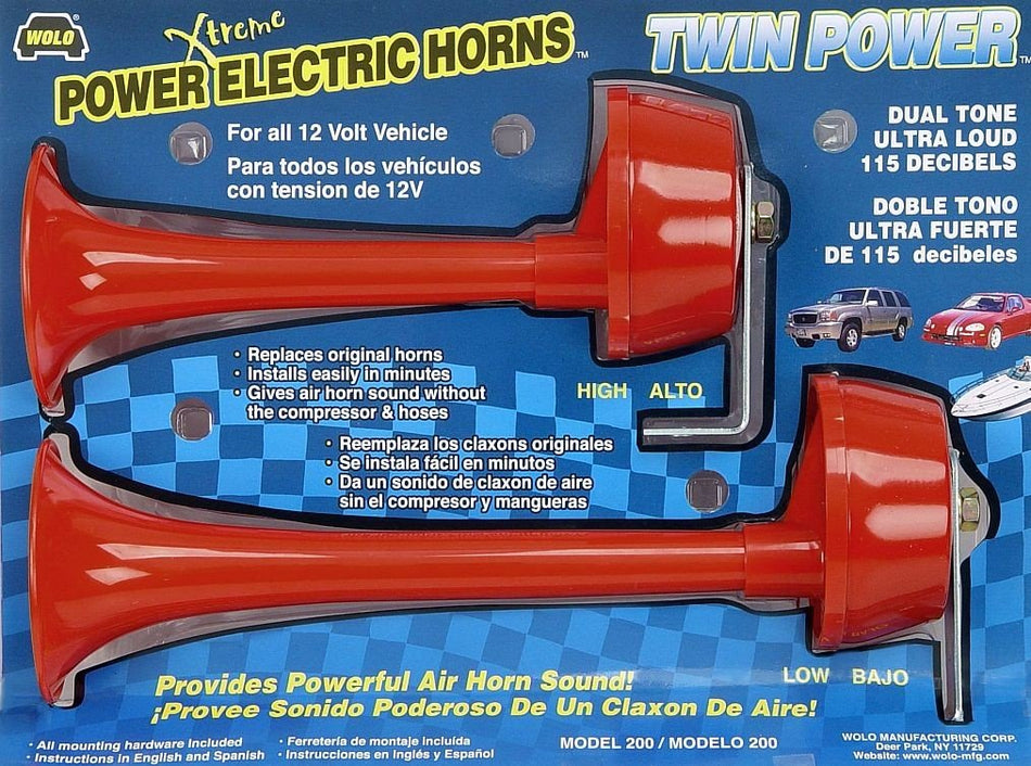 Wolo (200) Twin Power Red Plastic Trumpet Horns - 12 Volt, Low and High Tone