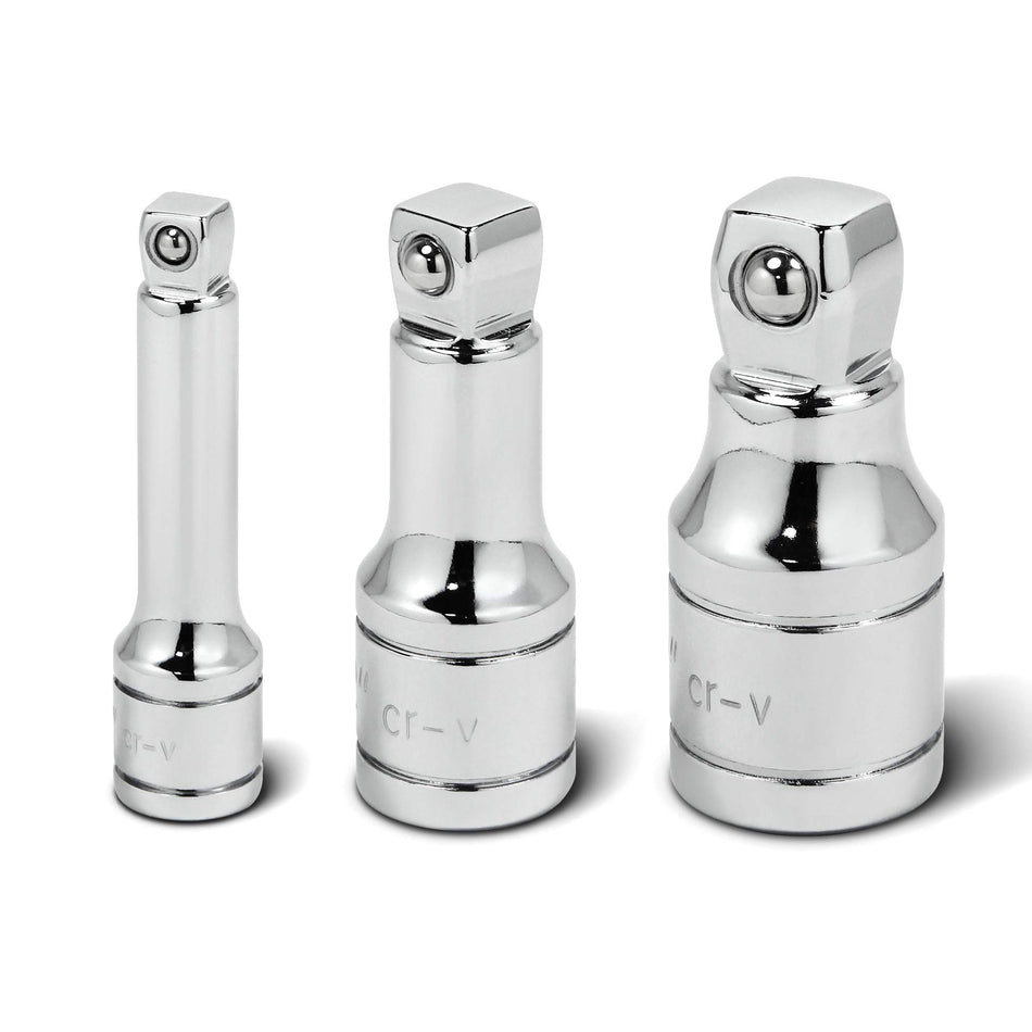 Powerbuilt 1/2-inch Drive Wobble Extension Set, 3 Piece, 1/4-inch, 3/8-inch, 1/2-inch, Up to 25 Degree - 640849, Silver