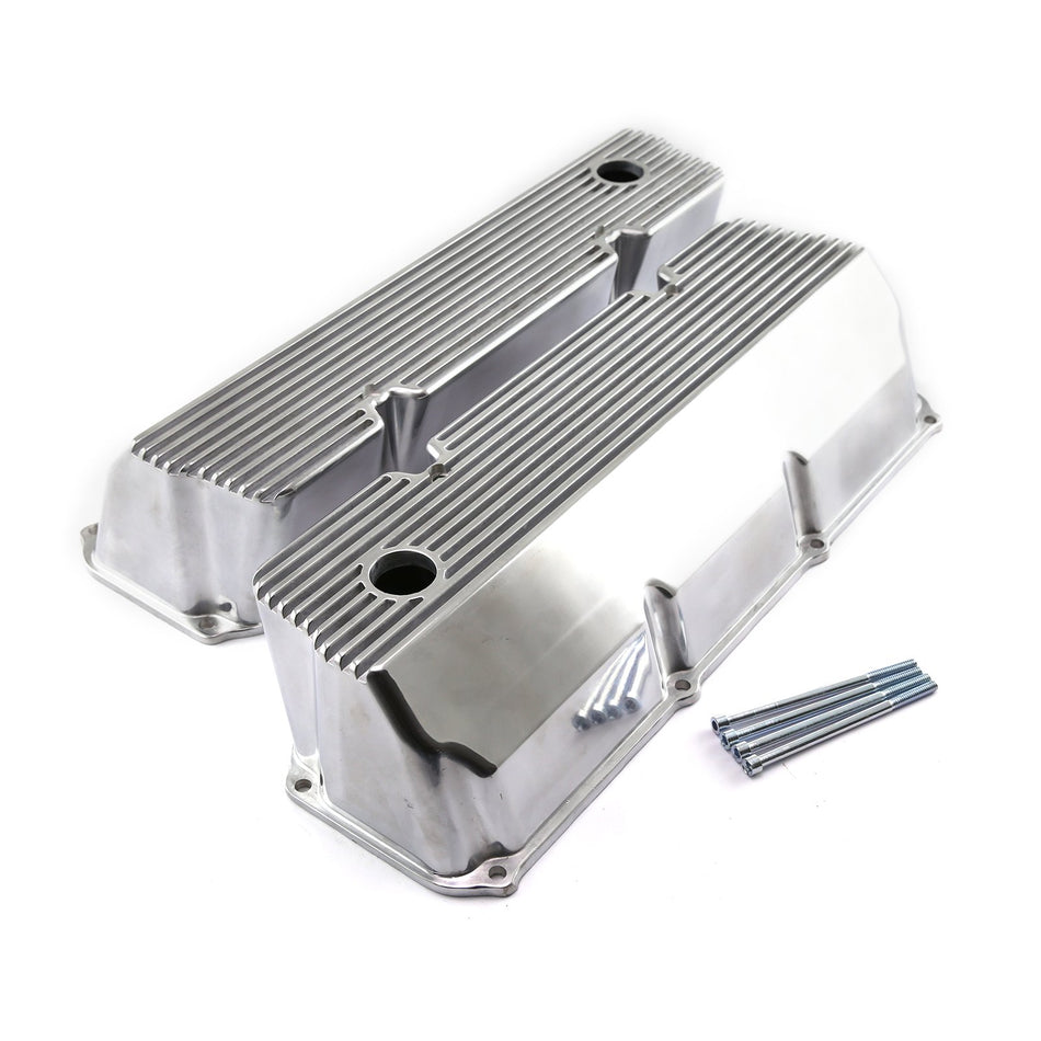 Speedmaster PCE314.1088.08 Fits Ford 302 351C Cleveland Polished Aluminum Finned Valve Covers - Tall w/Hole