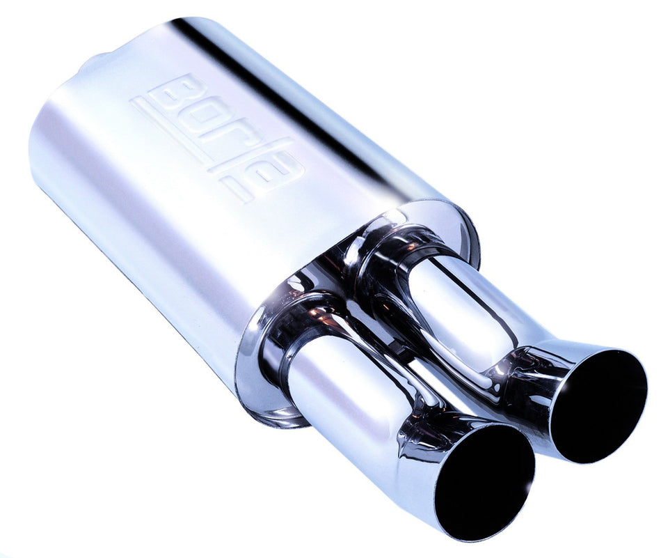 BORLA 40059 Boomers Spitfire Boomers Muffler - 2.25" Center Inlet/Dual 3" Round DTM Style Tips 5.5" x 8.5 Oval x 14" Long Body 26.25" Overall Length. Universal Part.