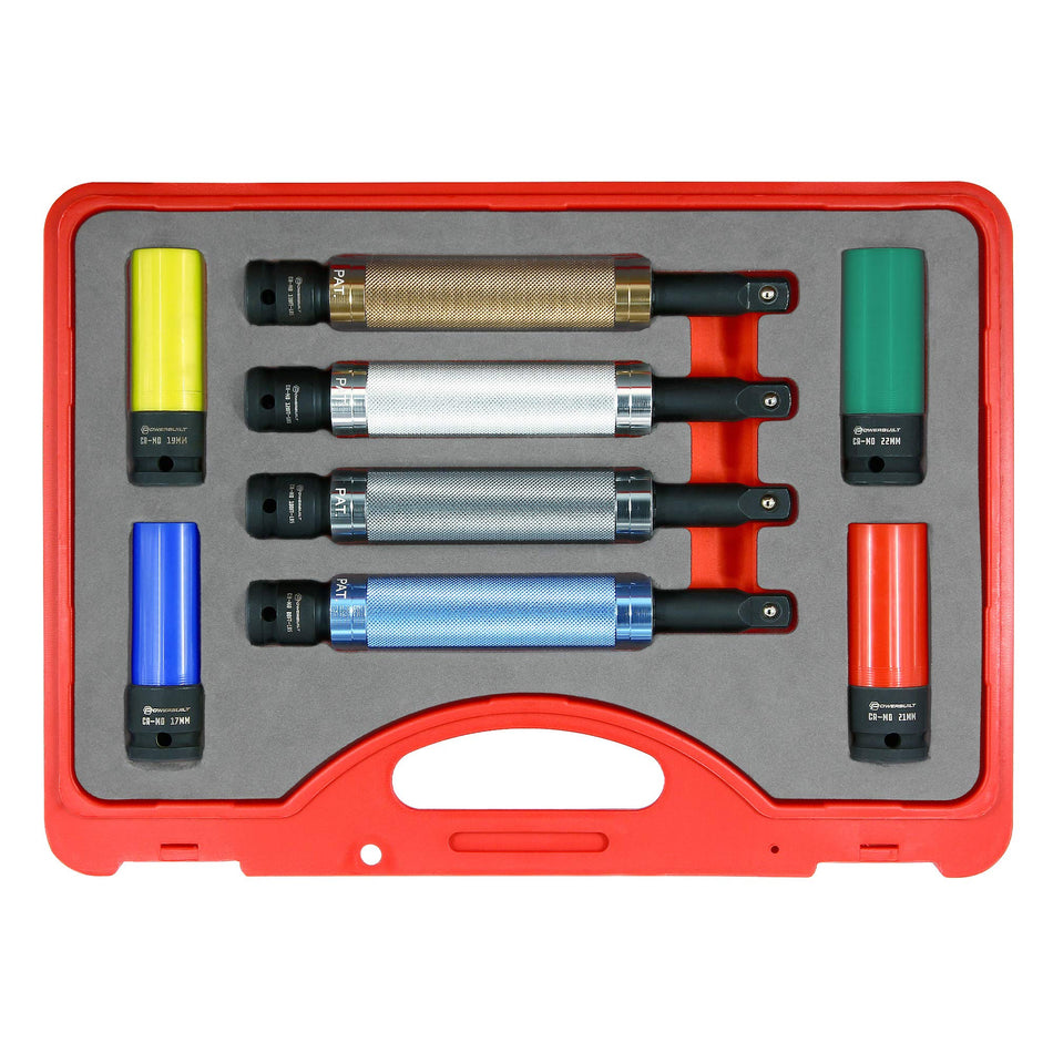 Powerbuilt 8 Piece Torque Limiting Extension Bar and Socket Set with Free-Spinning Grip Handles, 80, 100, 120, 130 lb-ft, 4 Wheel Protector Lug Nut Sockets, 17, 19, 21, 22mm, Storage Case - 240258