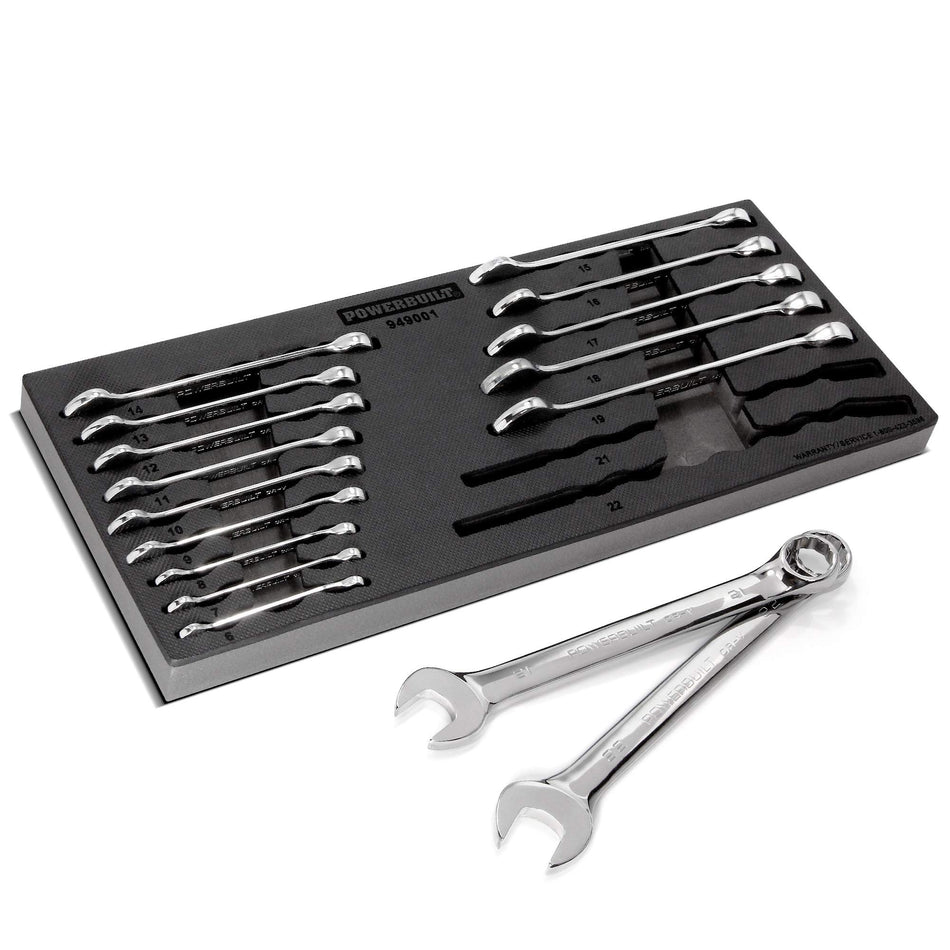 Powerbuilt 16 Piece Combination Metric Wrench Set, Box and Open End, Pro Tech Tool Series, Organization Tray - 949001