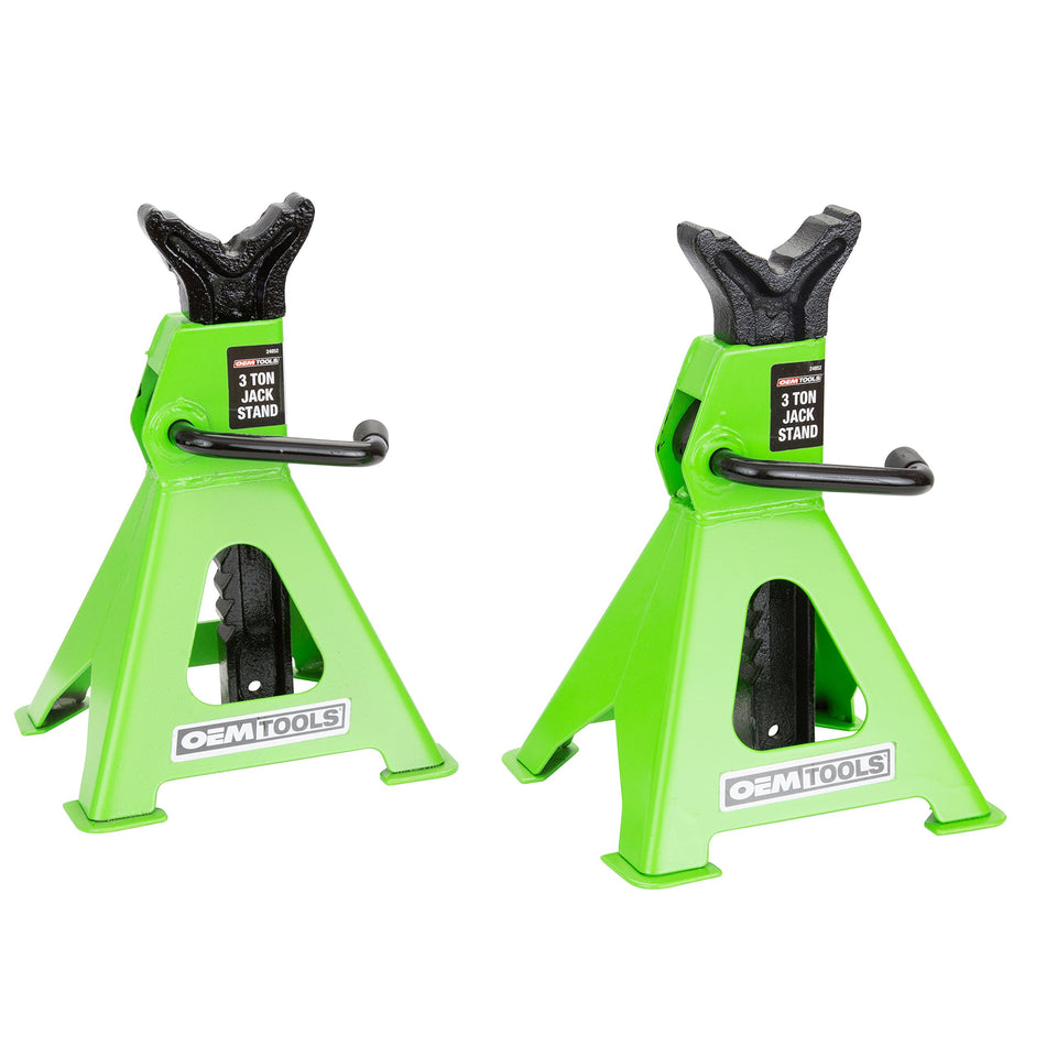 OEMTOOLS 24852 3 Ton Capacity Jack Stands, Set of Two (2), Automotive Jack Stands High Lift, Self-Locking Ratcheting Jack Design for Quick Adjustments, Green