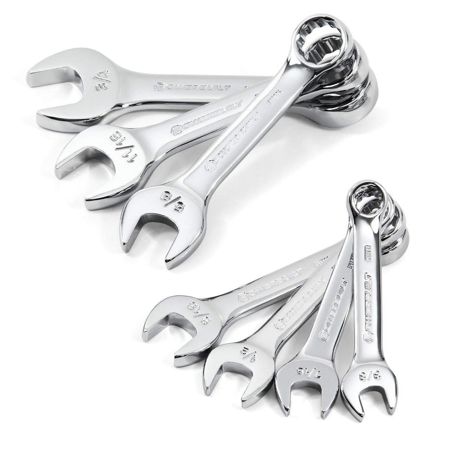 Powerbuilt Stubby Combination Wrench Tool Set, 7 Piece SAE Sizes, Open End and Z-Drive Hex Wrenches, 15 Degree Offset - 640203
