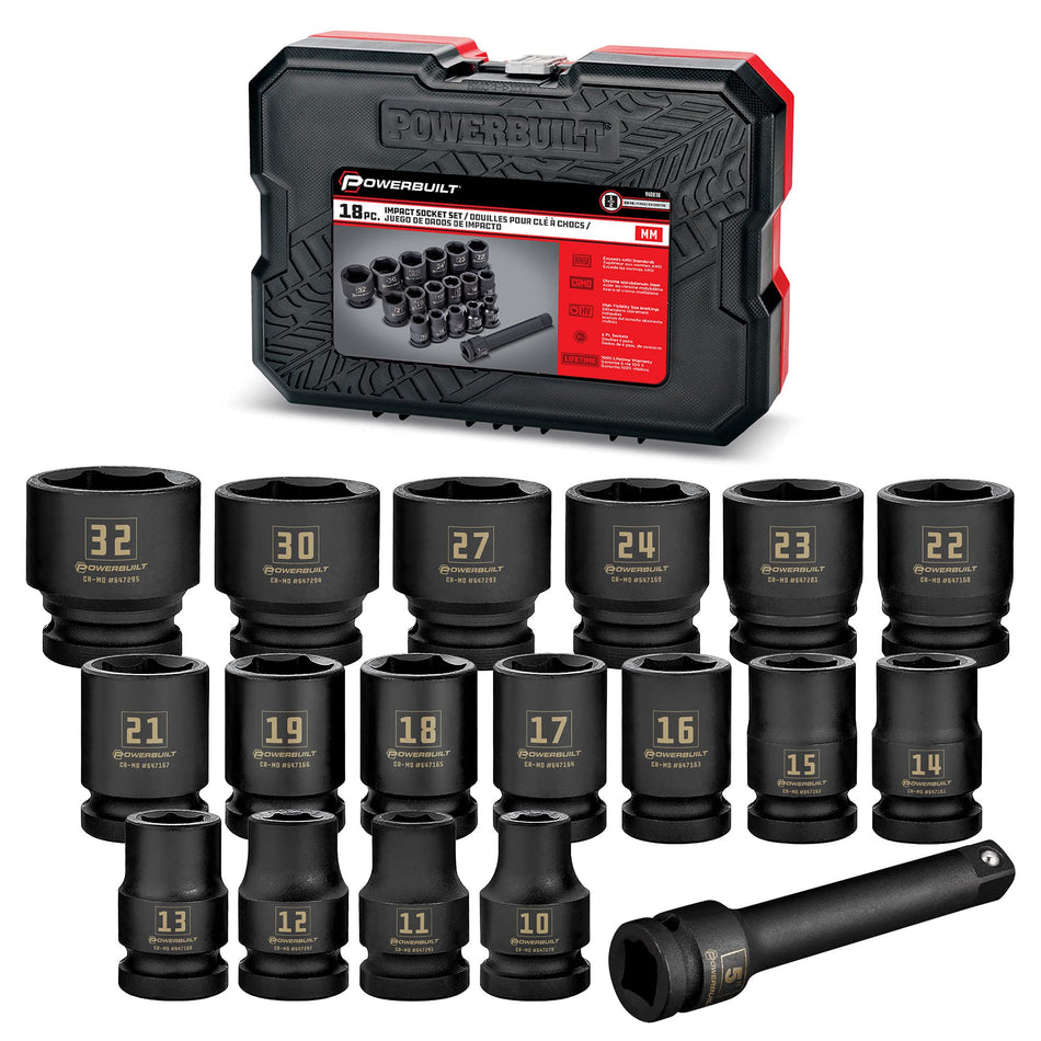 Powerbuilt 18 Piece Metric Impact Socket Set, 1/2 Inch Drive, 5 Inch Extension Bar, Size Markings, Z-Drive Sockets Grip, Storage Case - 940838