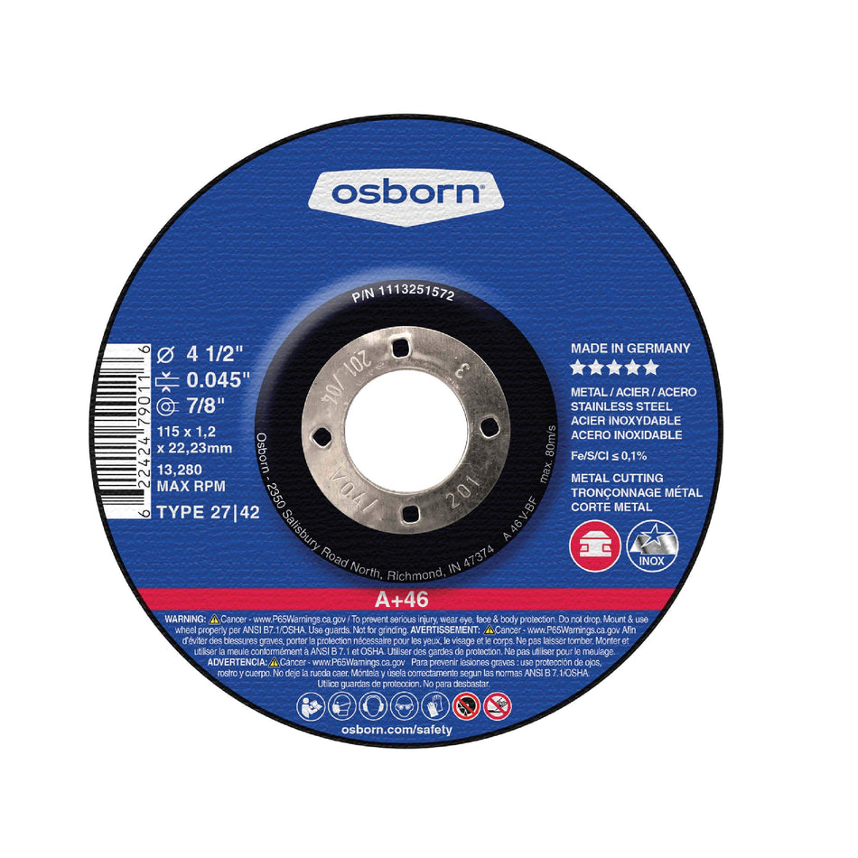 Osborn 1111251572 Cutting/Cut-Off Disc, T01, 4-1/2 x 0.045 x 7/8, A+ 60, Advanced Aluminum Oxide, 13280 Max RPM, 4.5 Diameter, 4.5 Type (Pack of 25)