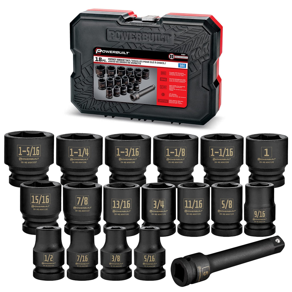 Powerbuilt Impact Socket Set, SAE 18 Piece, 1/2 Inch Drive Tools, 5 Inch Extension Bar, Z-Drive Sockets Grip, Storage Case - 940837
