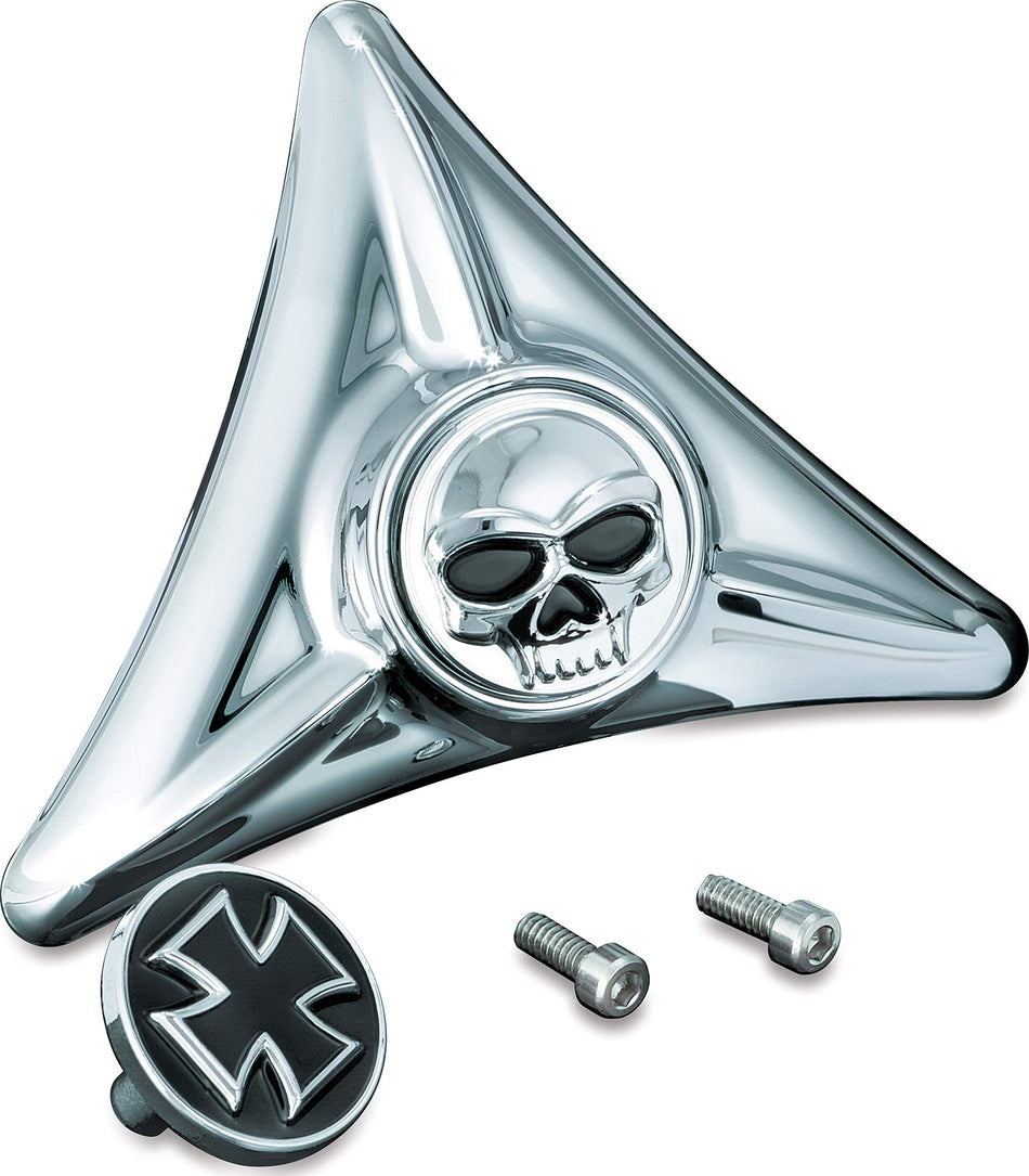 Kuryakyn 3158 Motorcycle Accent Accessory: 3 Bolt Fender Mounted License Plate Hole Cover with Zombie Skull and Maltese Cross Emblems for Harley-Davidson Motorcycles, Chrome