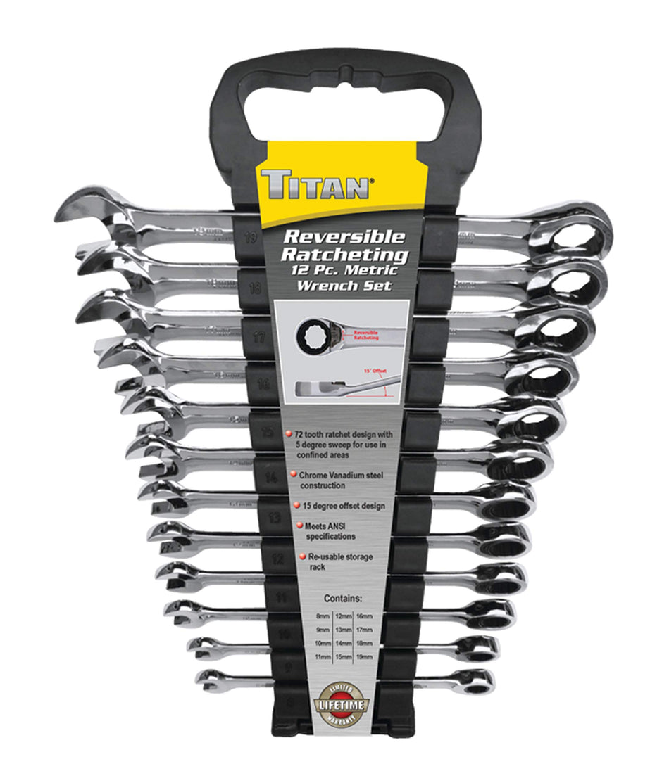 Titan 17365 12-Piece 12-Point 72-Tooth Metric Reversible Ratcheting Combination Wrench Set