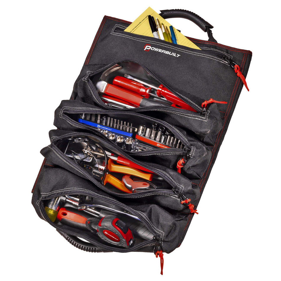 Powerbuilt Pro Tool Bag Roll Organizer, Portable, Great for Off-Road, Heavy Duty 1200D Polyester, 18-1/2 in. x 15 in. Open Size, Hanging Strap, Carry Handle, 5 Zipper Pockets, 14 Wrench Slots