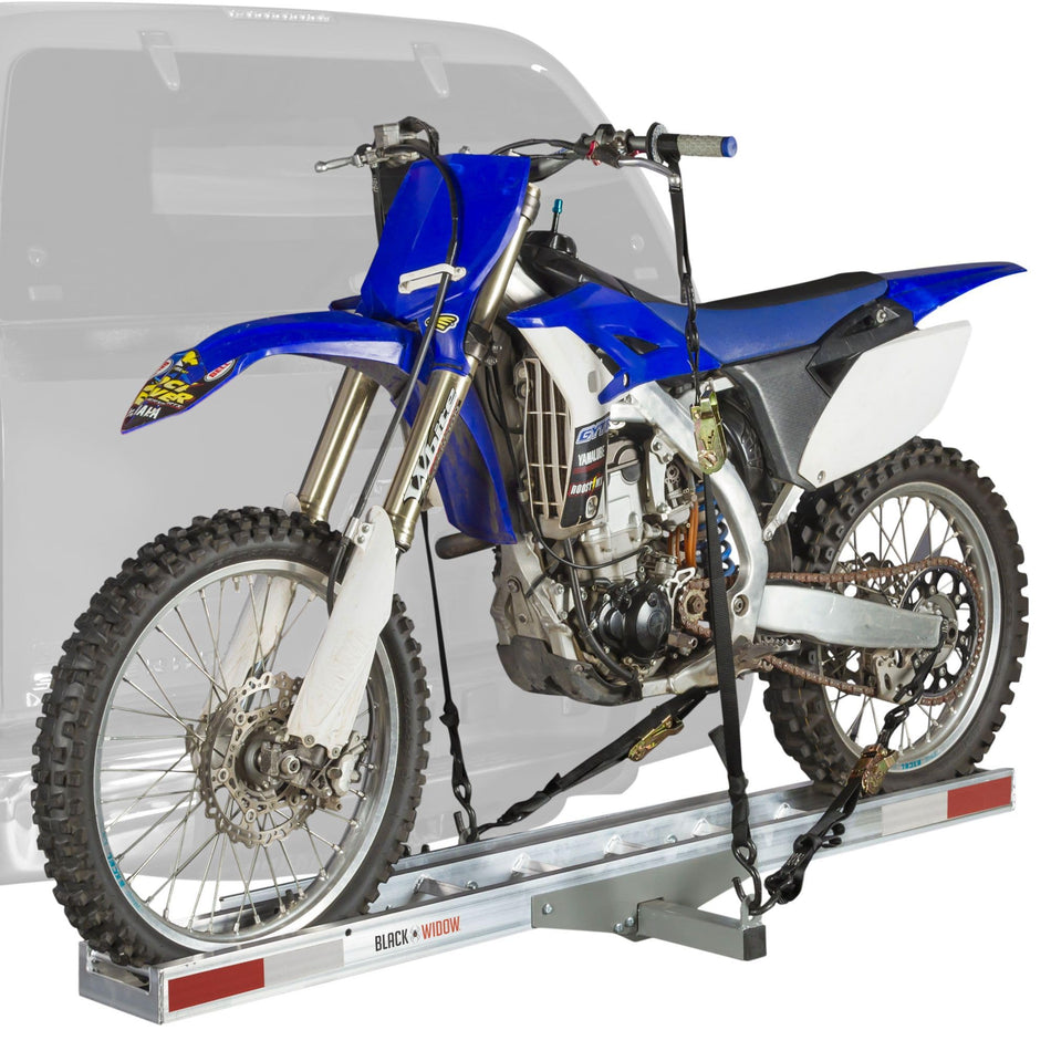 Black Widow AMC-400 Aluminum Motorcycle Hitch Carrier, 400 lbs. Capacity, Adult or Youth Dirt Bike Hauler, Anti-Rattle Device Included, Roll-on Roll-Off Ramp Design
