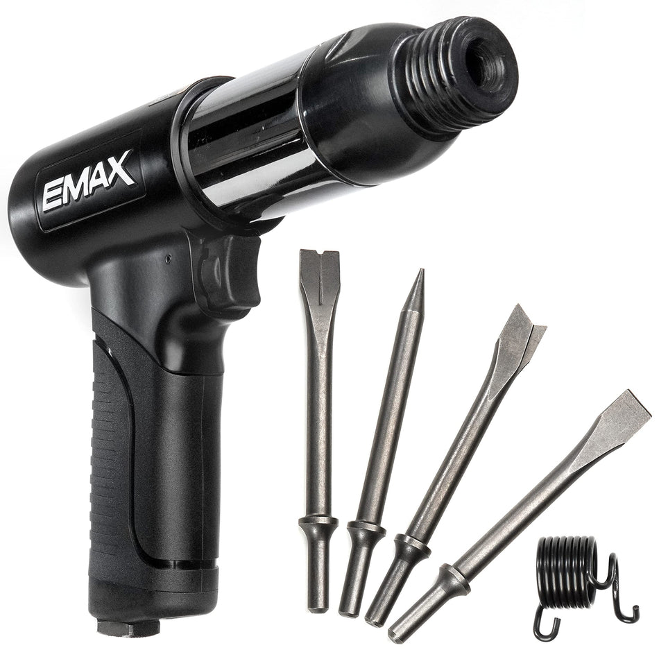 EMAX Air Hammer Kit - 2,100 BPM Pneumatic Hammer Tool Set with TPR Anti-Vibration Grip & 4 Assorted 3/4 x 7 Chisel Bits - EATHM10S1P