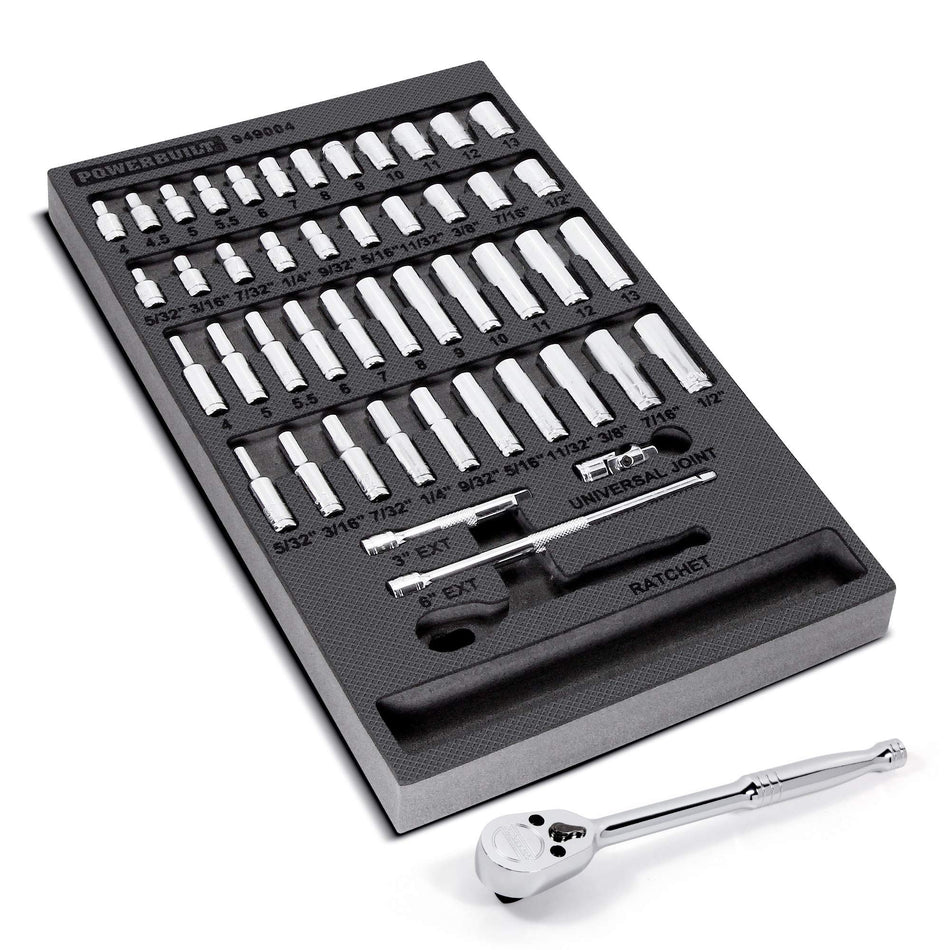 Powerbuilt 47 Piece Socket, Ratchet, Accessories Tool Set, 1/4-Inch Drive, SAE and Metric, Storage Tray, Pro Tech Tools Series, 949004