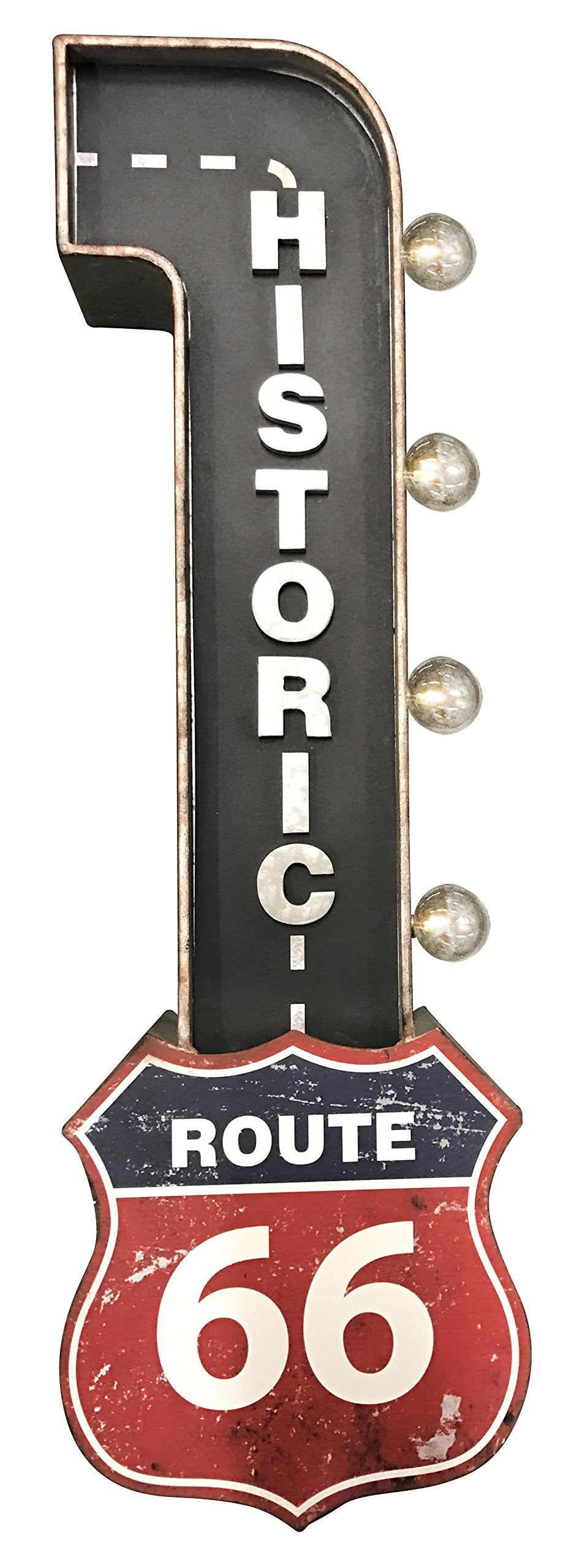 Historic Route 66 Reproduction Vintage Advertising Sign - Battery Powered LED Lights, Double Sided Metal Wall Mounted - 30 x 10 x 4 inches