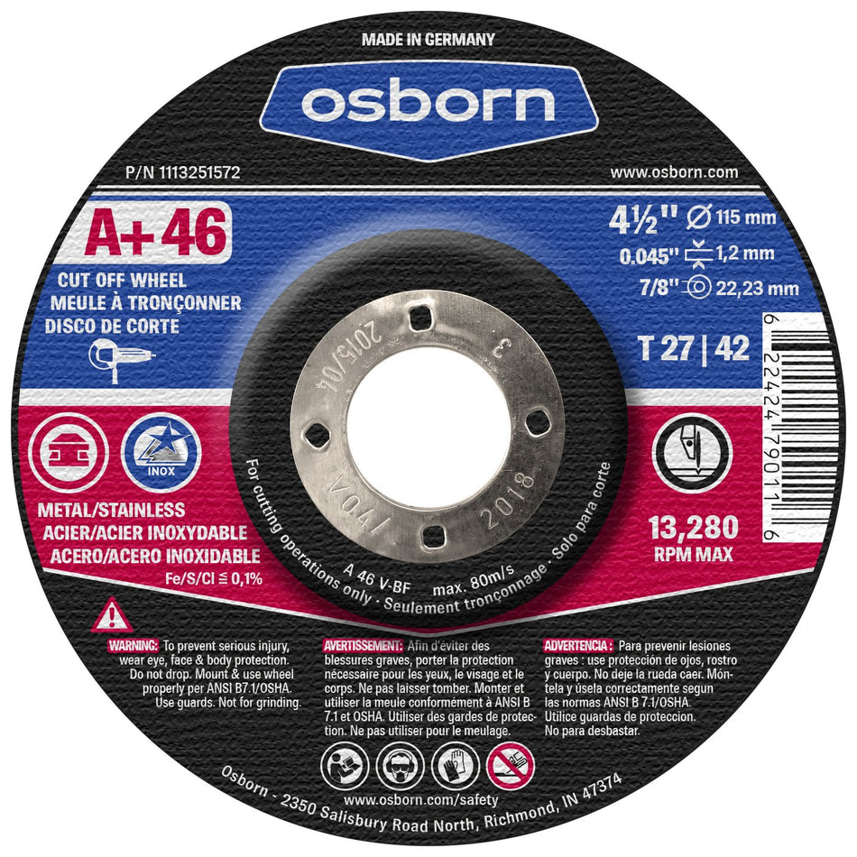 Osborn 1113251572 Cutting/Cut-Off Disc, T27, 4-1/2 x 0.045 x 7/8, A+ 60, Advanced Aluminum Oxide, 13280 RPM, 4.5 Diameter, 4.5 Type (Pack of 25)