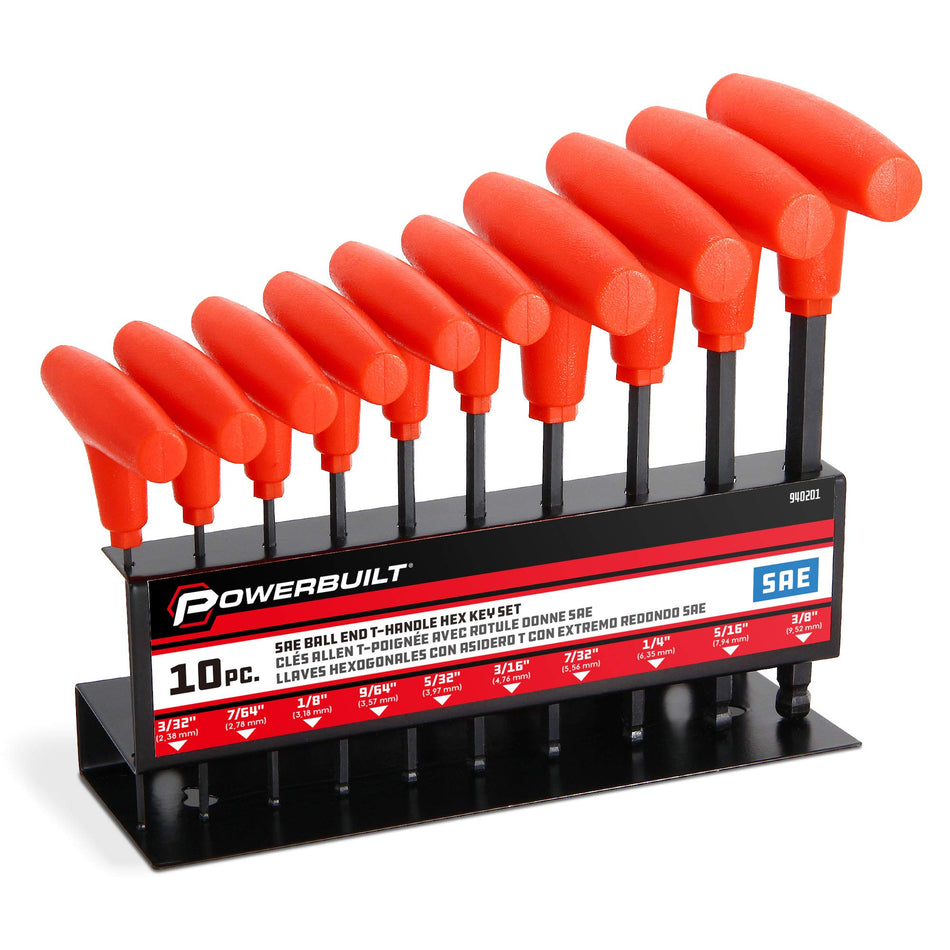 Powerbuilt T-Handle Hex Key Set, 10 Piece SAE Tools for Hex Head Cap Screws or Allen Head Bolts, Storage Rack - 940201