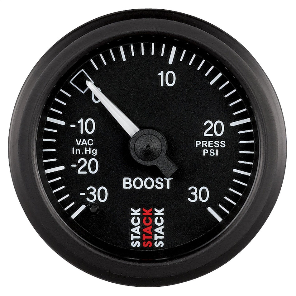 Stack ST3112 Black 52mm -30 inHg to +30 PSI Universal T-Fitting Mechanical Boost Pressure Gauge