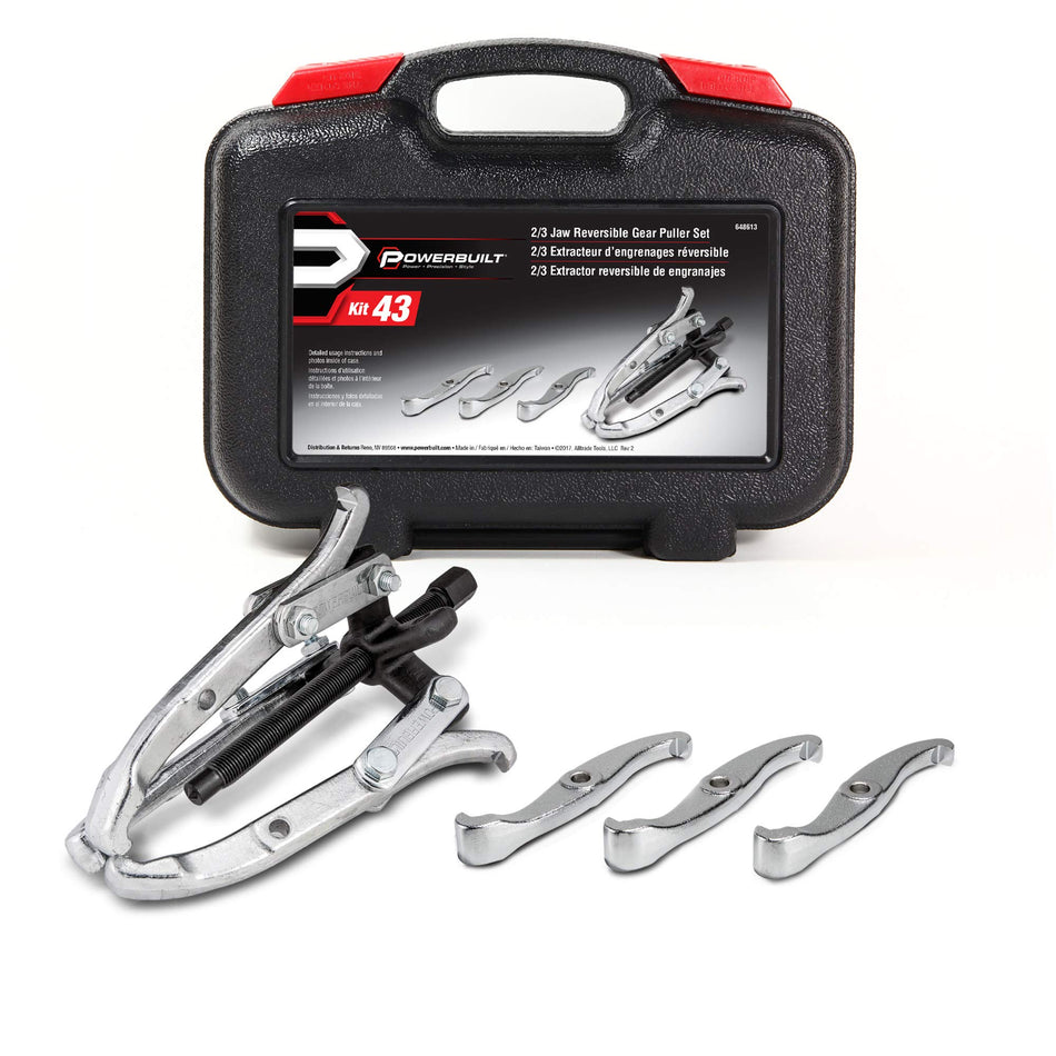 Powerbuilt Jaw Gear Puller, Combo Steel Yoke Tool, 4-inch and 6-inch Jaws, Inside or Outside Pull, 4 Ton Capacity, Storage Case - 648613