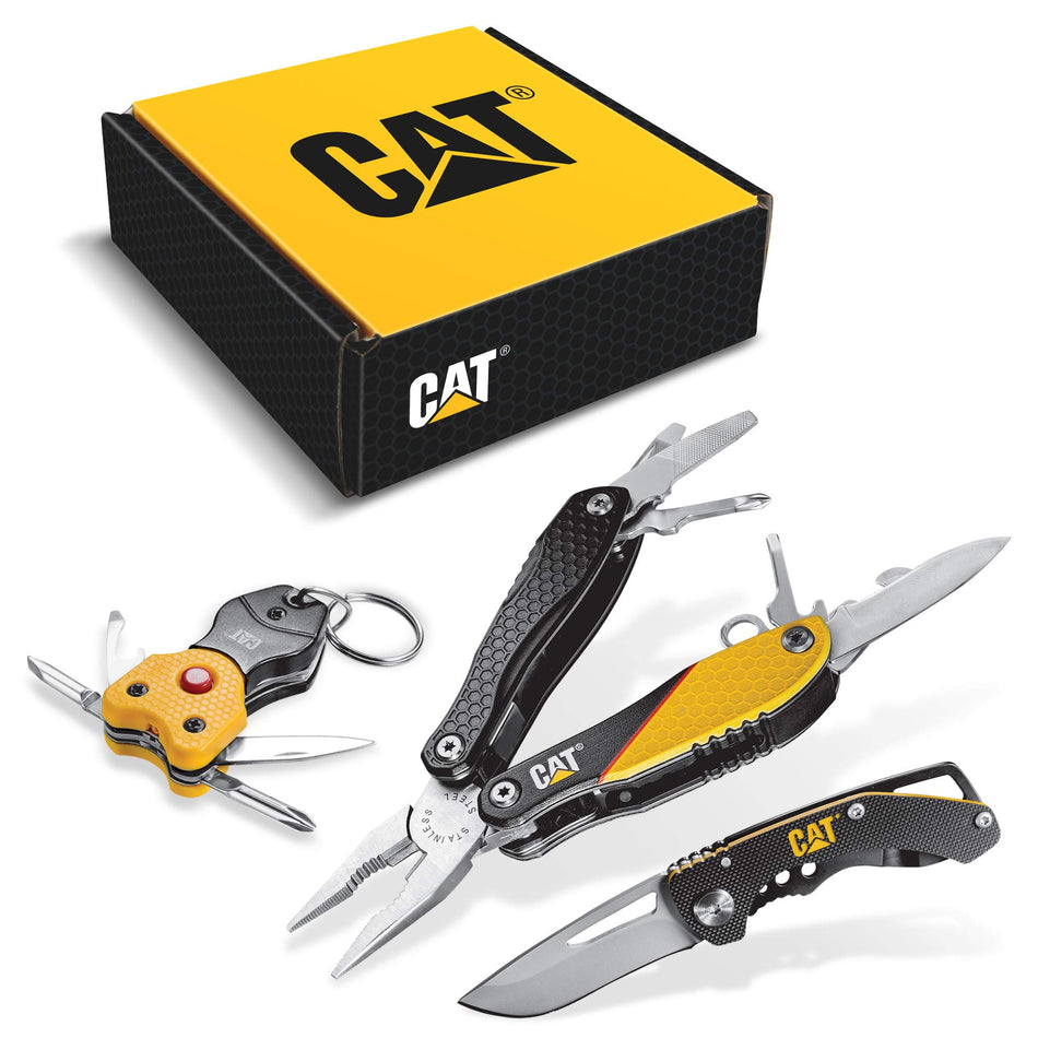 Cat 3 Piece 12-in-1 Multi-Tool, Knife, and Multi-Tool Key Chain Gift Box Set - 240192 , Yellow