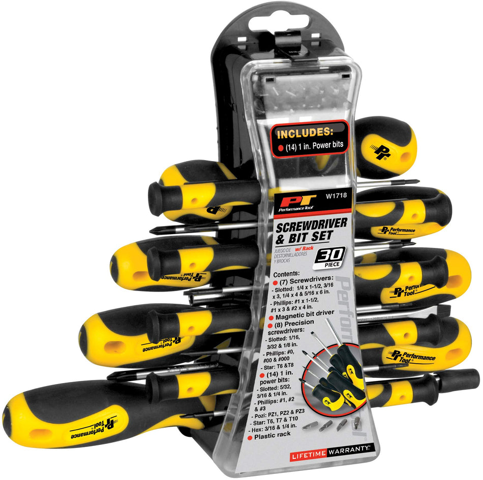 Performance Tool W1718 Screwdriver Set with Rack, 30-Piece