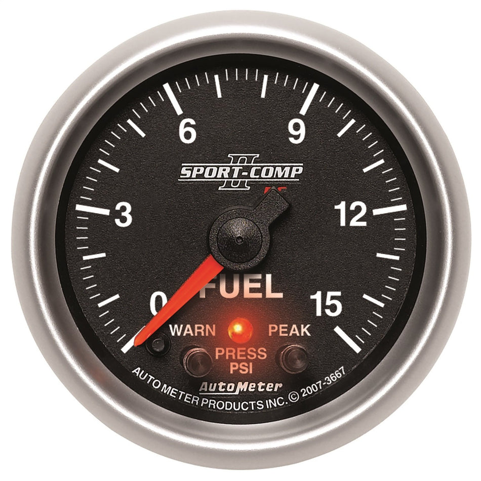 Auto Meter 3667 Sport-Comp II 2-1/16 0-15 PSI Full Sweep Electric Fuel Pressure Peak and Warn Gauge with Electronic Control