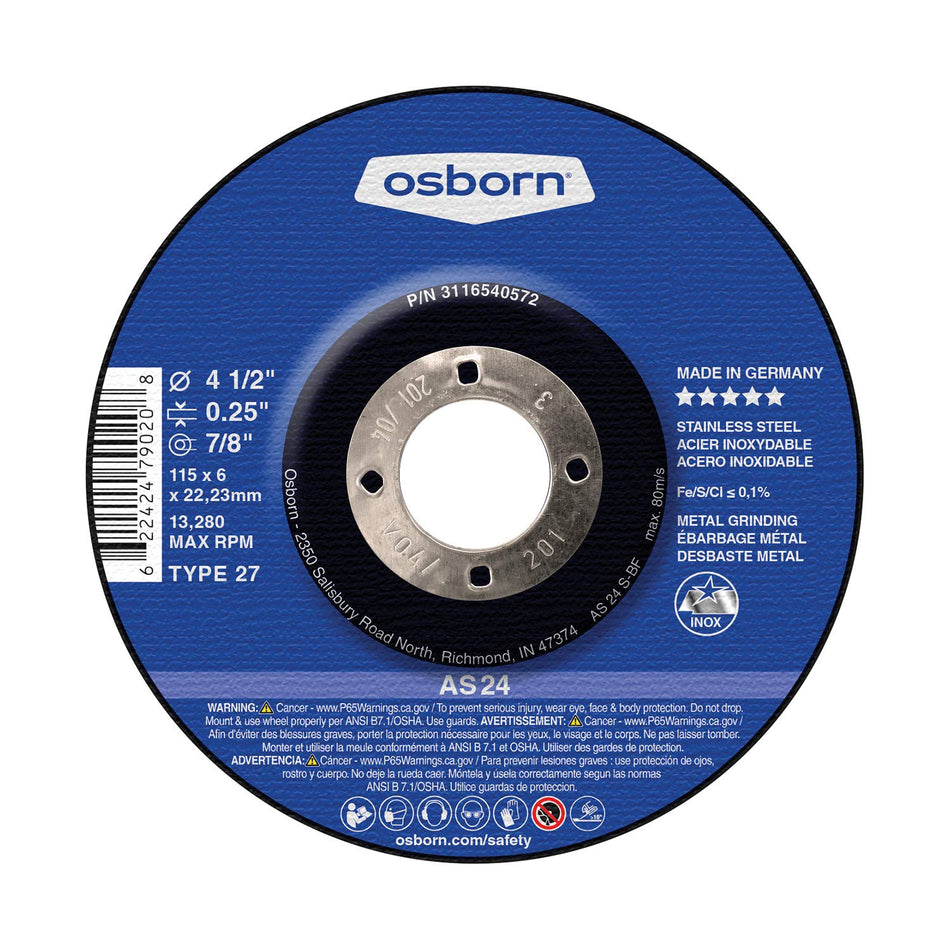 Osborn 3116520572 T27 Aluminum Oxide Grinding Disc (Pack of 10), 13280 Max RPM/4.5/4-1/2 x 0.250 x 7/8
