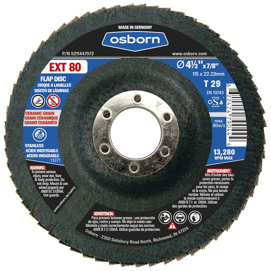 Osborn 5211447572 29 Ceramic 80 Grit Flap Disc, T29, 4-1/2 x 7/8, EXT 80, 4.5 Type (Pack of 10)