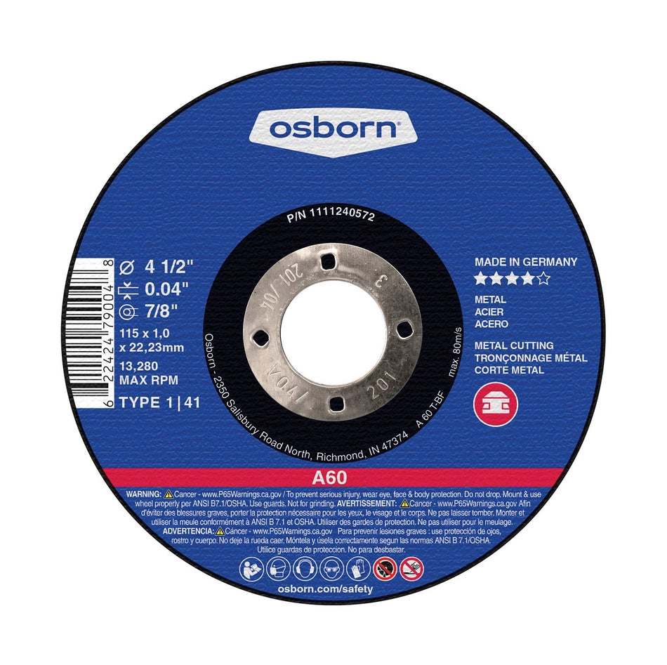 Osborn, Type 01, 4-1/2 Cutoff Wheel, Aluminum Oxide, 7/8 Arbor Hole, 60 Grit
