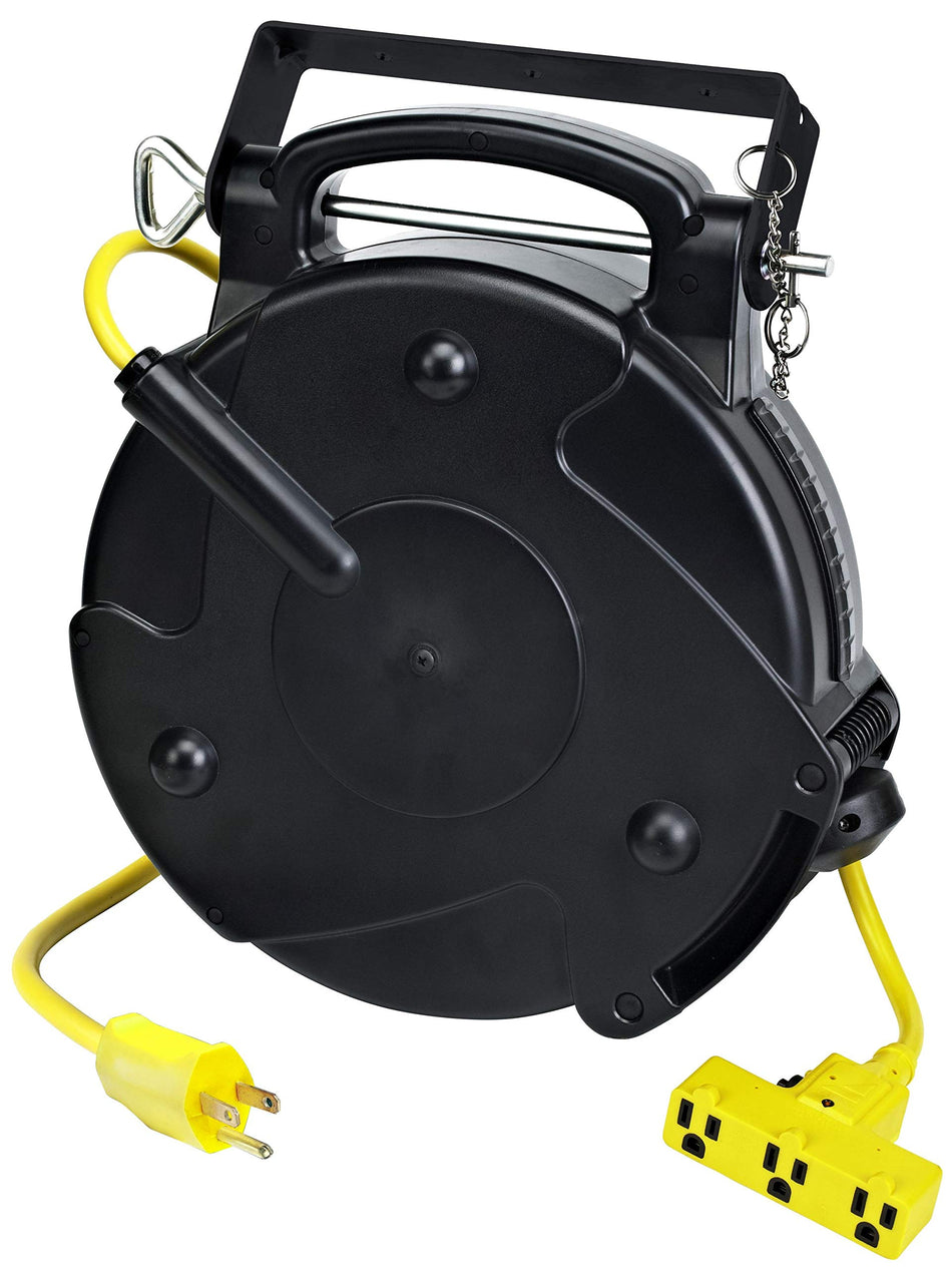 Alert ProReel Pro-Grade 8150MP Heavy-Duty Retractable Extension Cord Reel | 50' - 14/3 SJTOW Electrical Retracting Cord | Tri-Tap Grounded Outlet with Power Light | 13 Amp Resettable Circuit Breaker