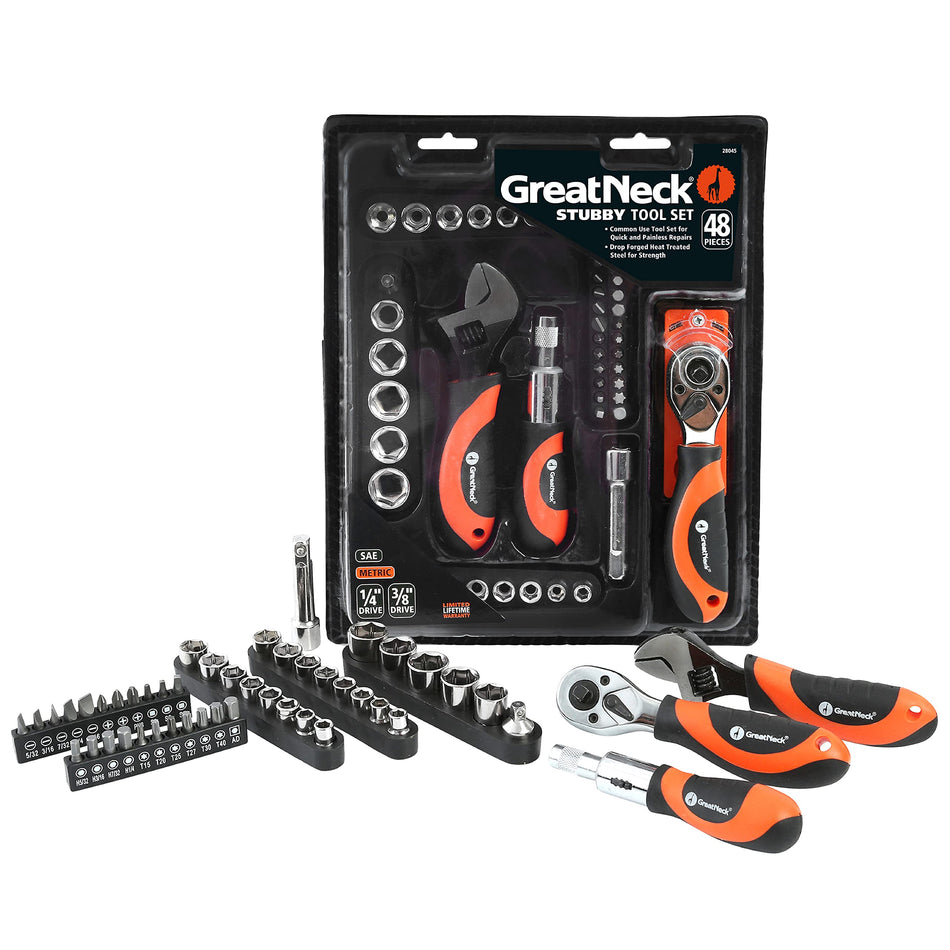 GreatNeck 28045 48-Piece Multi Drive Stubby Mechanics Tool Set, Metric And SAE