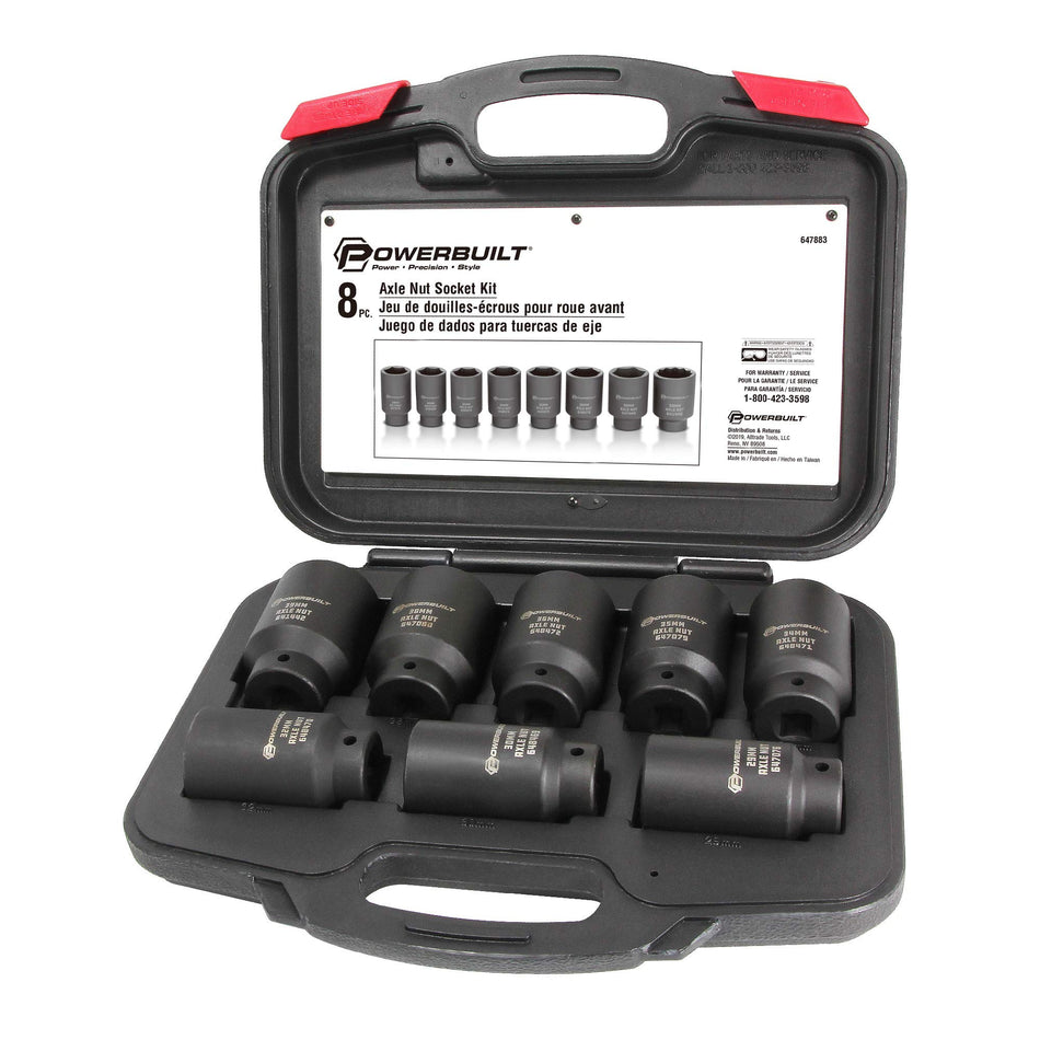 Powerbuilt Axle Nut Socket Kit, 8 Piece, 1/2 Inch Drive, 6 and 12 Point, Remove Axle Nuts, Car Vehicle Wheel Repair Tools, Storage Case - 647883