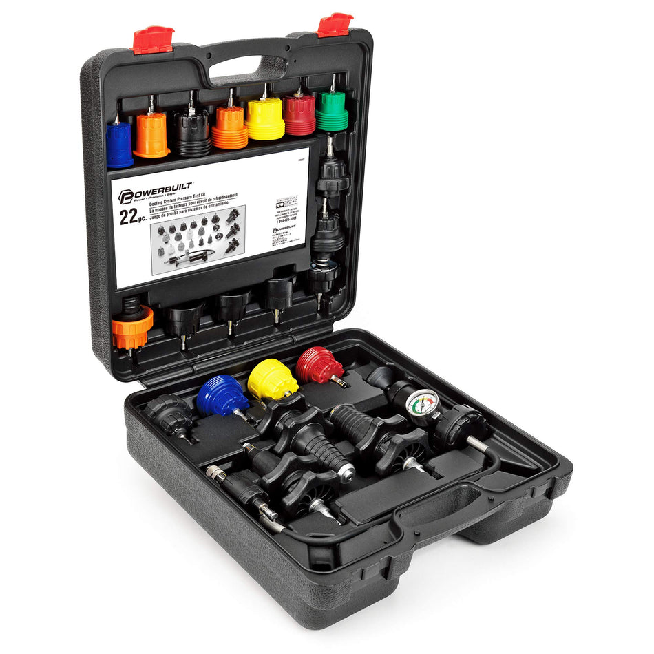 Powerbuilt 22 Piece Cooling System Pressure Tool Kit, Service and Leak Detection for Cars and Trucks, Coolant Adapters, Storage Case 940427