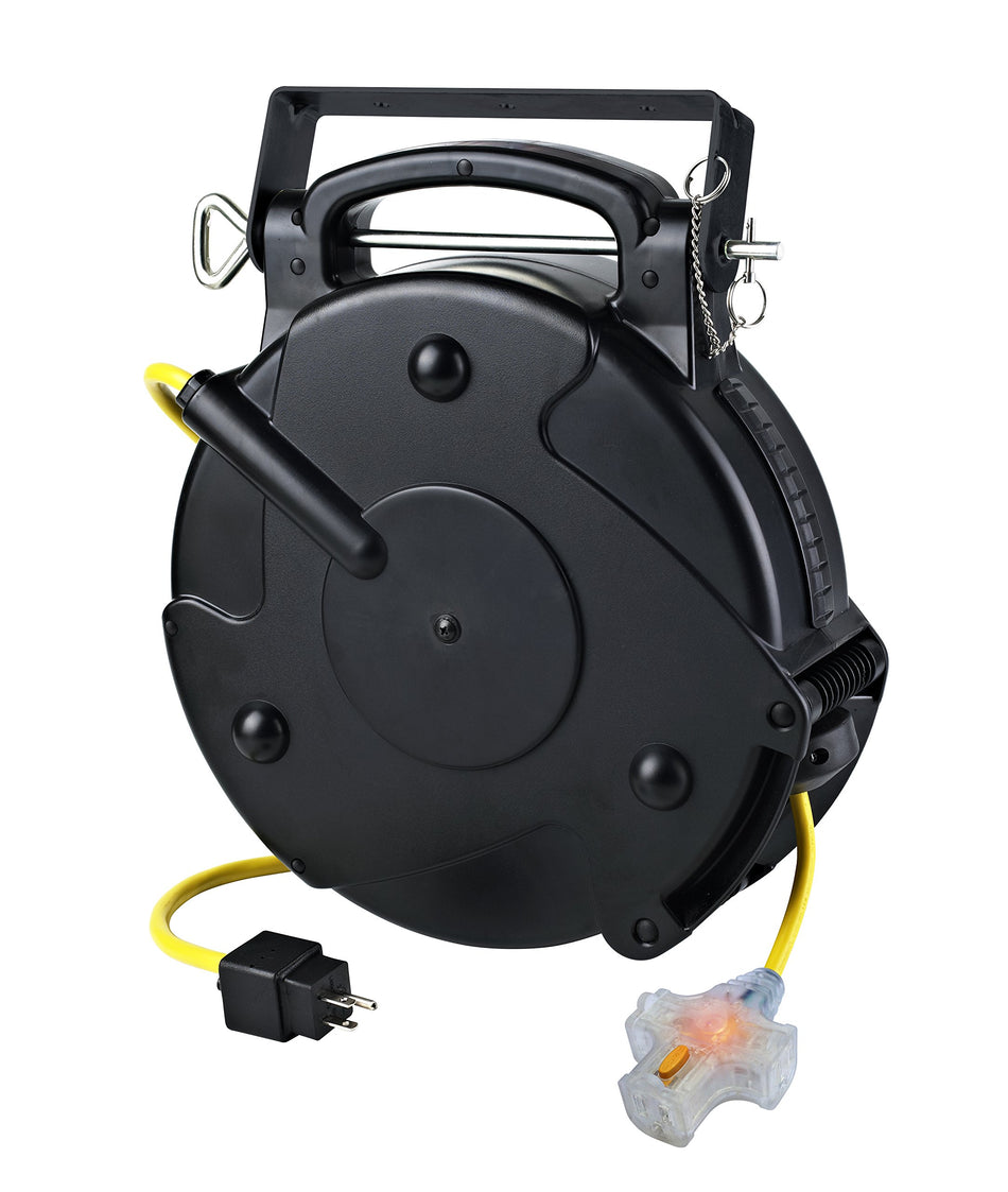 Alert ProReel Professional Grade ProReel 8675MFT Heavy Duty Retractable Extension Cord Reel | 75 Foot 14/3 SJTOW 10 Amp Triple Tap Industrial Cord | Clear 5-15R Receptacle with Power On Indicator