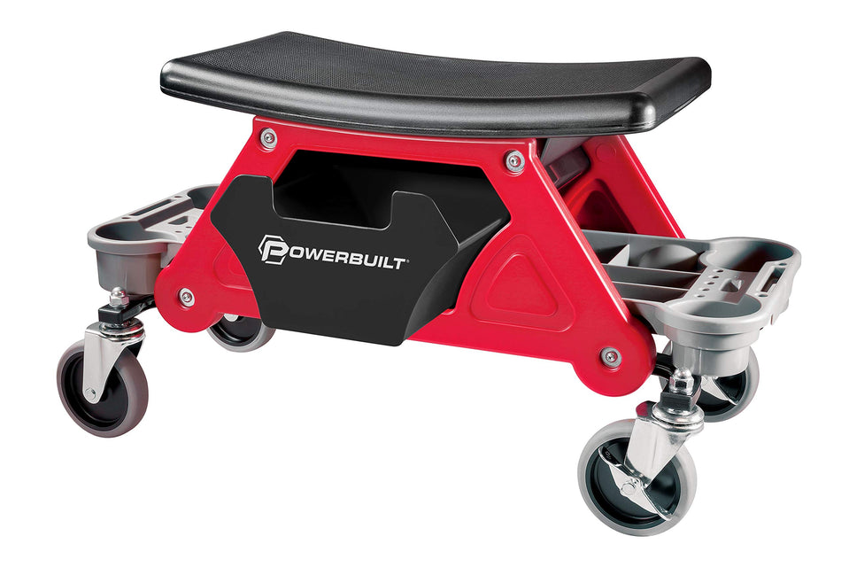 Powerbuilt Heavy Duty Roller Mechanics Seat and Brake Stool with 4-in. Rubber Swivel Casters Roll Over Anything, Big Seating Platform, Slide Out Tool Trays and Drawer 300 lb. Capacity u2013 240036