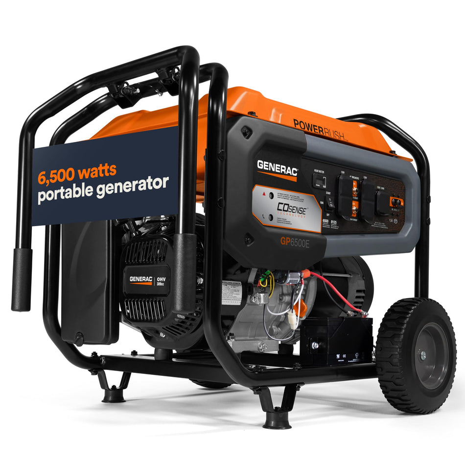 Generac 7682 GP6500E 6,500-Watt Gas-Powered Portable Generator - Powerrush Advanced Technology with Electric Start - Durable Design and Reliable Backup Power - 49-State Compliant