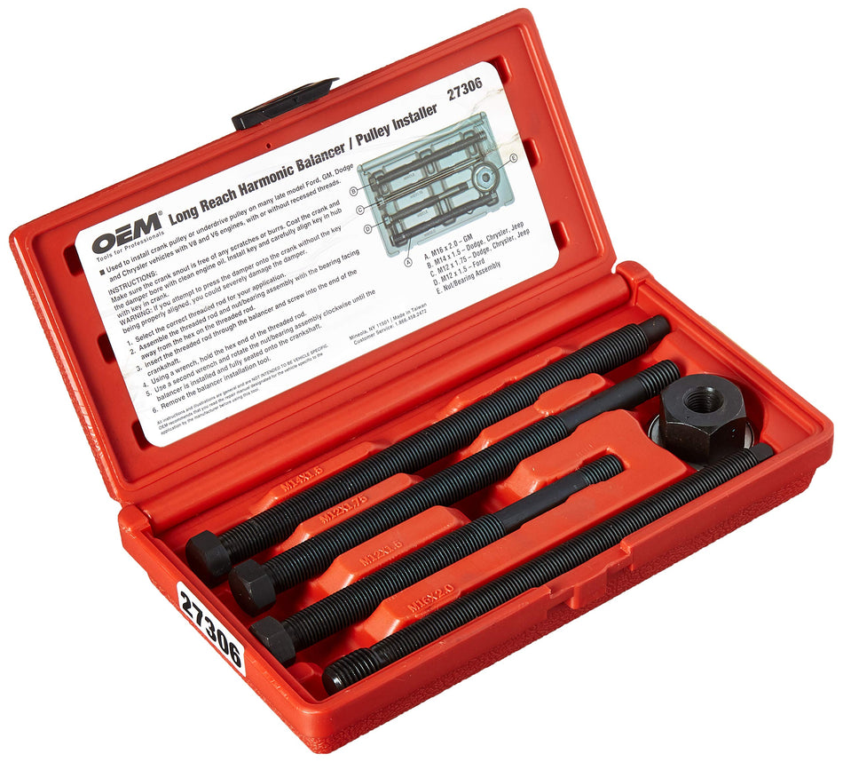 OEMTOOLS 27306 Long-Reach Harmonic Balancer/Pulley Installer Kit, Extra Long Forcing Fasteners for Hard-to-Reach Balancer Pulleys, for Use with Ford, GM, Dodge and Chrysler V8 and V6 Engines