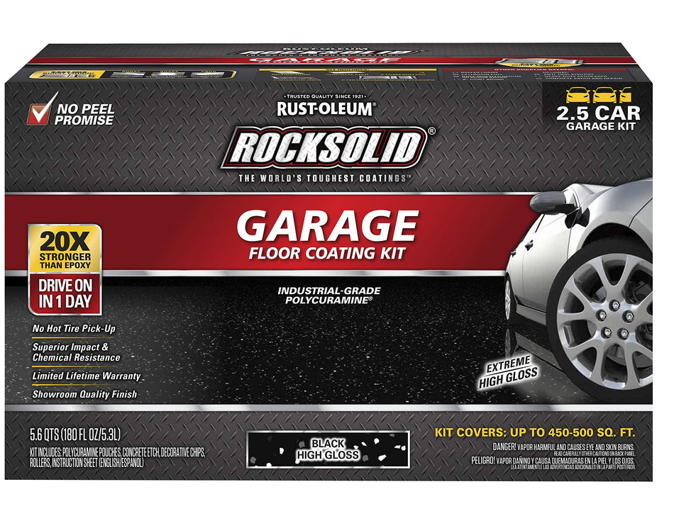 Rust-Oleum 318697 Rocksolid Polycuramine Garage Floor Coating, 6 Piece Set, Black, 2.5 Car Kit